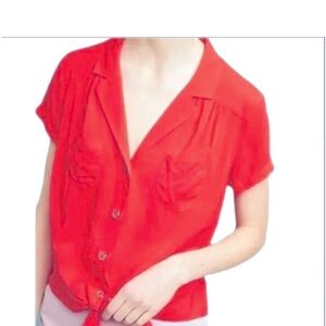 MAEVE Anthropologie Short Sleeve Button Down tie front Size 4 small retro crop